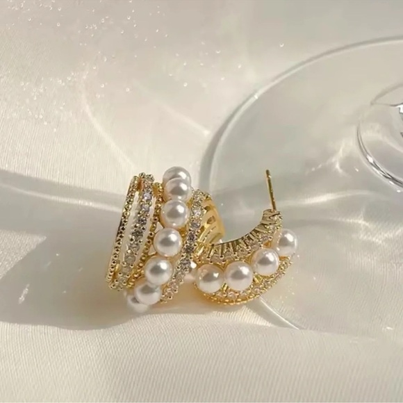 Anthropologie Gold Crystal Pearl Hoop Earrings - Picture 4 of 5